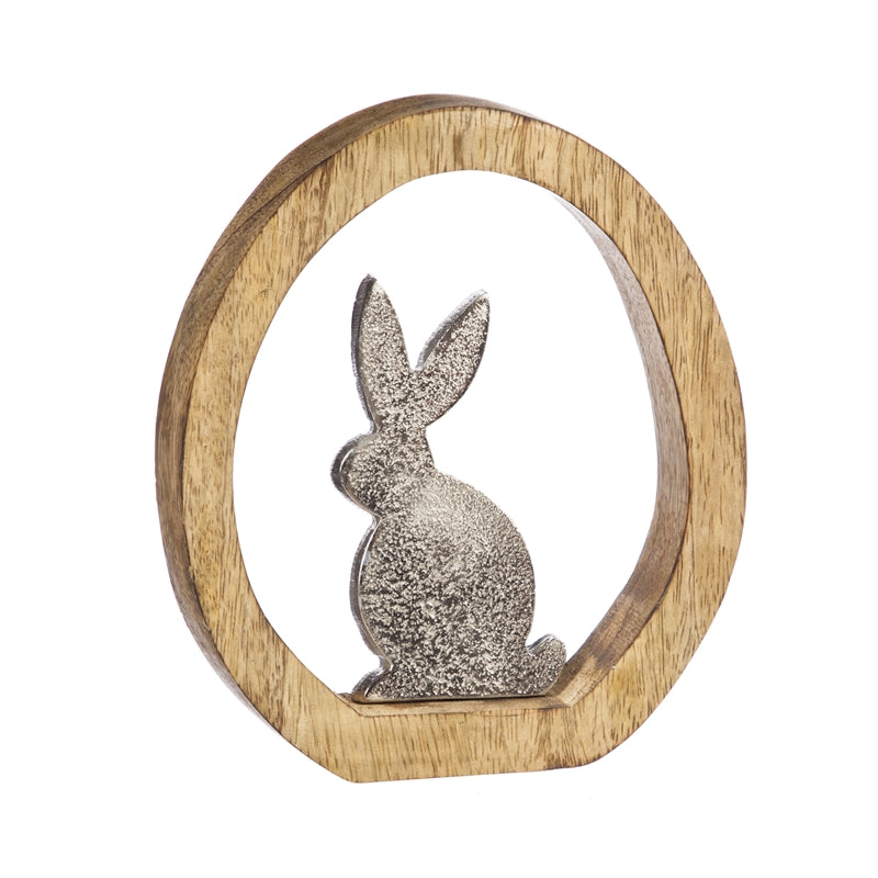 Wood Egg with Metal Sitting Bunny Tabletop Decoration, 5.3'' x 1'' x 5.9'' inches
