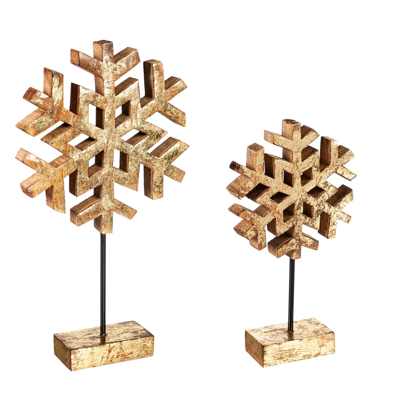 Wood Metallic Finish Snowflake on Stand Table Décor, Set of 2, 7.5"x2"x13.75"inches