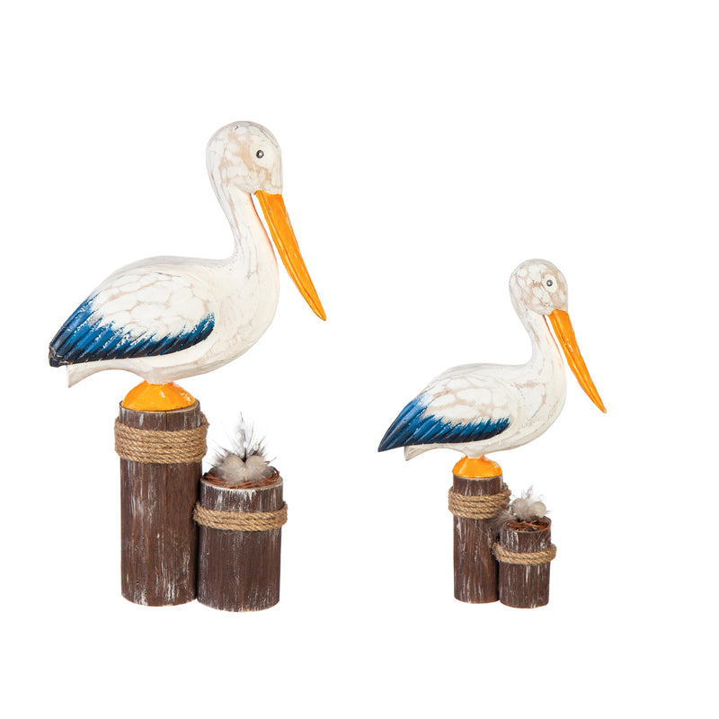 Wooden Blue Heron Table Décor with Feather Embellishment, Set of 2, 6.25"x2"x10.5"inches