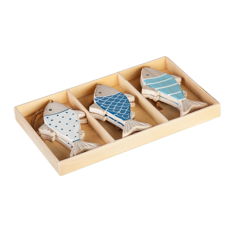 Wooden Fish Hanging Décor 6 Piece Set, 3 Asst design, 2 of each, in Wooden Tray, 4"x0.25"x2.25"inches