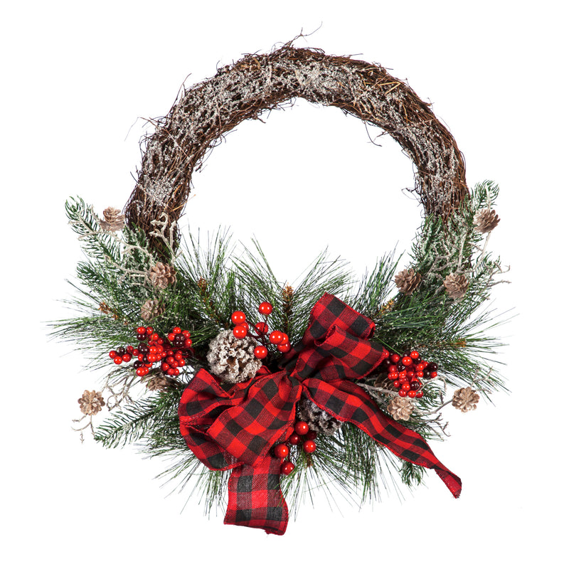 Cypress Home Beautiful Christmas Artificial Pine and Plaid Bow Wreath Wall Décor - 19 x 5 x 19 Inches Indoor/Outdoor Decoration for Homes, Yards and Gardens