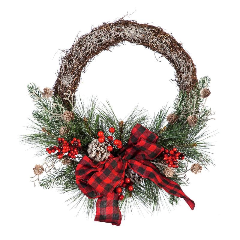 Cypress Home Beautiful Christmas Artificial Pine and Plaid Bow Wreath Wall Décor - 19 x 5 x 19 Inches Indoor/Outdoor Decoration for Homes, Yards and Gardens