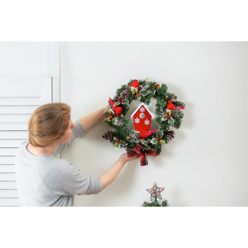 16" LED Cardinal and Birdhouse Wreath with Plaid Bow