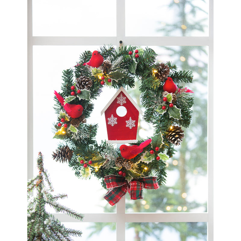16" LED Cardinal and Birdhouse Wreath with Plaid Bow