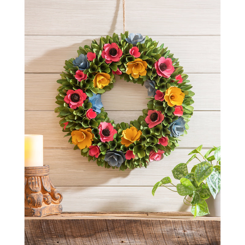 17" Willow Wood Chip Floral Wreath, 17"x3.54"x17"inches