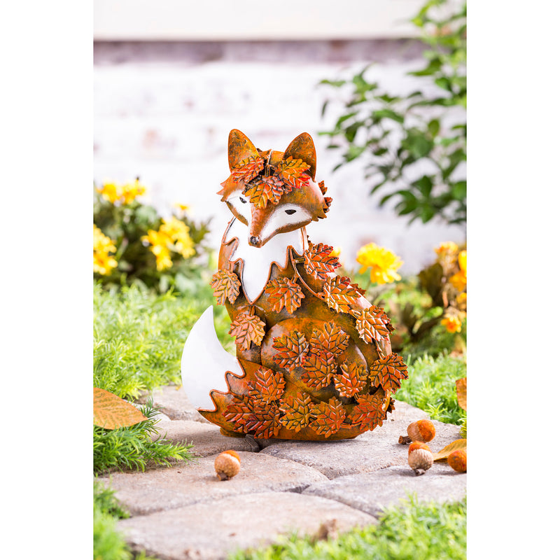 Handcrafted Metal Fox Sculpture Draped in Fall Leaves, 9.25"x11.25"x4.5"inches