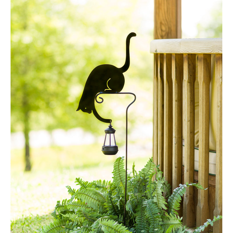 Black Metal Silhouette Garden Stake of Cat Holding a Solar-Powered Lantern, 10.83"x3.15"x45.67"inches