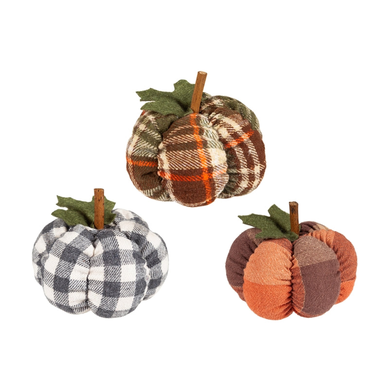 Plush Pumpkins Table Décor, 3 Asst Design, 3 of each, 9 Piece Total in Wooden Crate, 3.25"x3.25"x3"inches