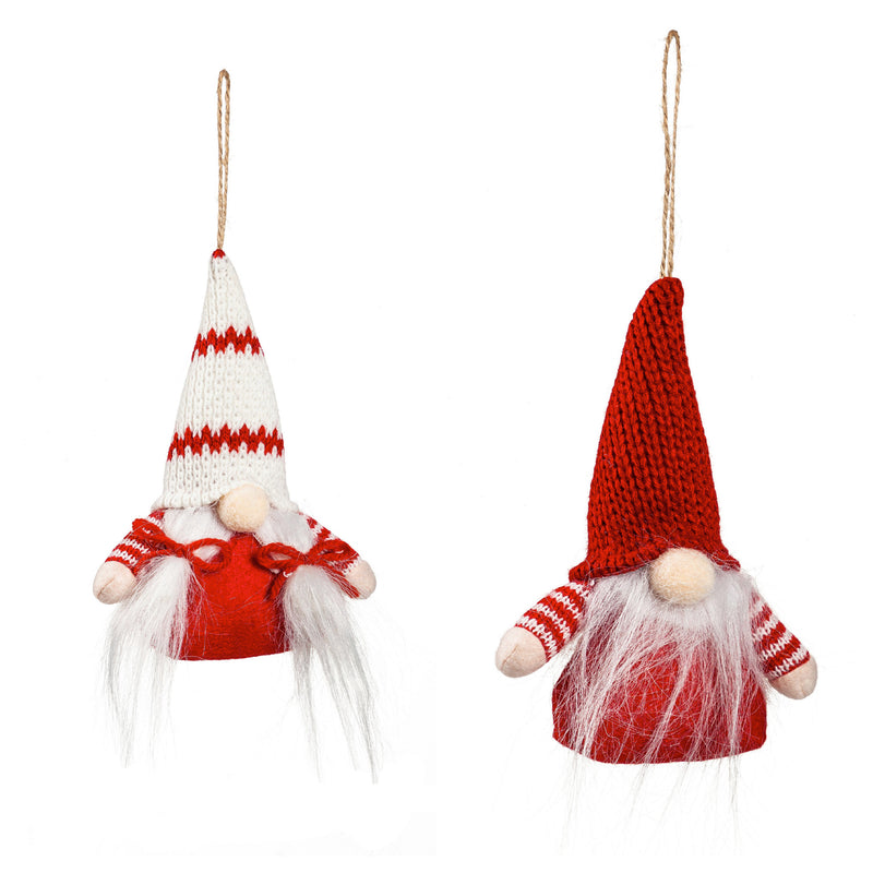 Plush Holiday Gnome Ornament, 2 Asst, 6 of each, 12 Piece Total in wooden tray, 4.5"x2"x6.5"inches
