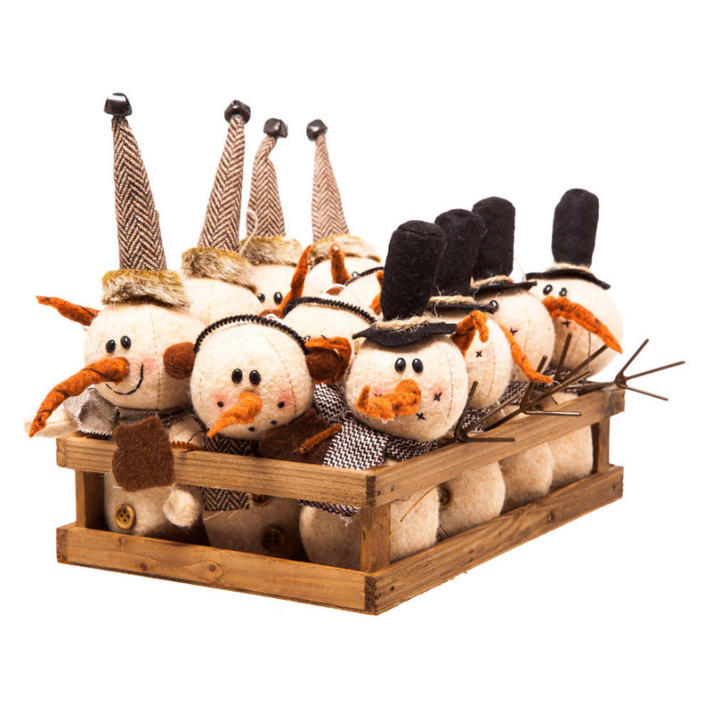Evergreen Plush Snowman Assortment with Wooden Display Crate, 2'' x 2.8'' x 4.7'' inches