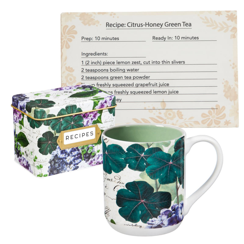 Evergreen Recipe Tin with Recipe Cards and Ceramic Cups, Garden Glow, 4.72'' x 3.26'' x 0.8'' inches