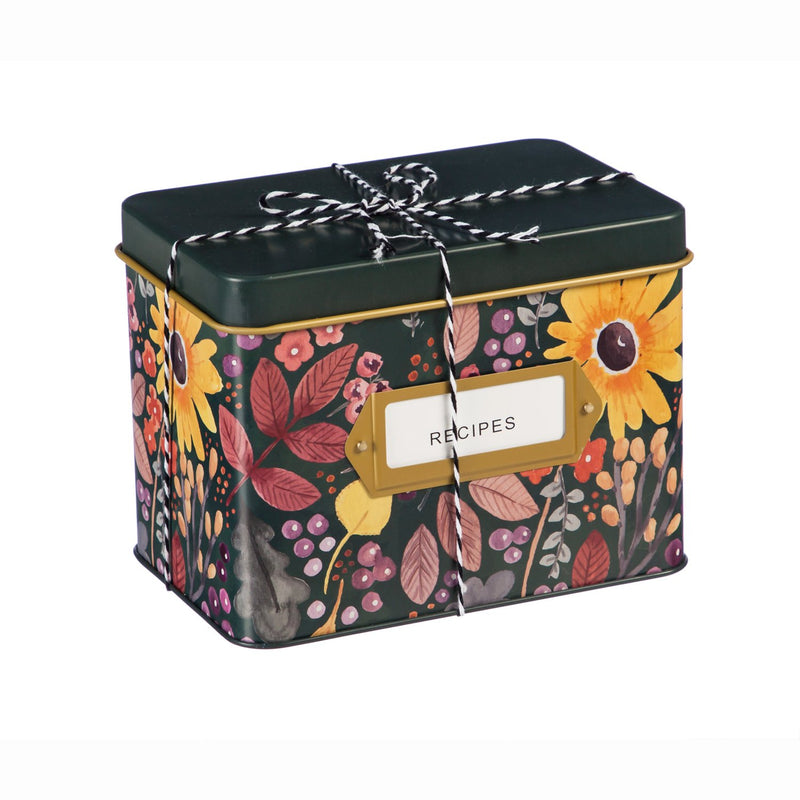 Evergreen Recipe Tin w/ Recipe Cards and Ceramic Cup, Give Thanks Flowers, 4.68'' x 3.2'' x 3.76'' inches