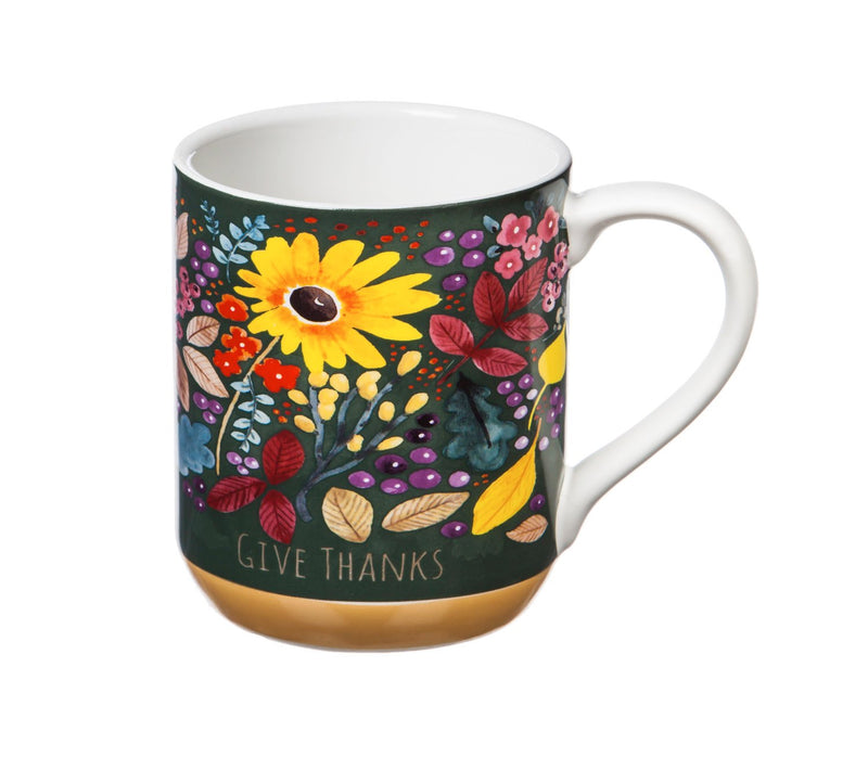 Evergreen Recipe Tin w/ Recipe Cards and Ceramic Cup, Give Thanks Flowers, 4.68'' x 3.2'' x 3.76'' inches