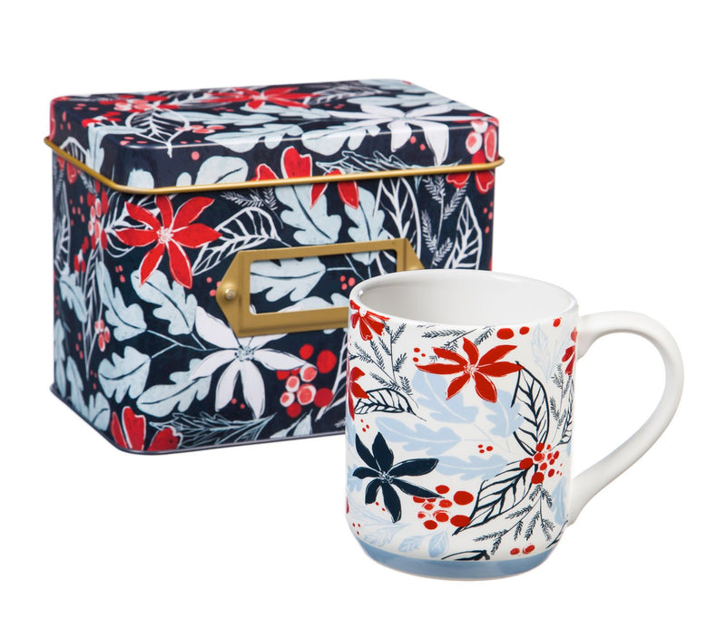 Recipe Tin w/ Recipe Cards and Ceramic Cup, Blue Holly Pattern,p18616667