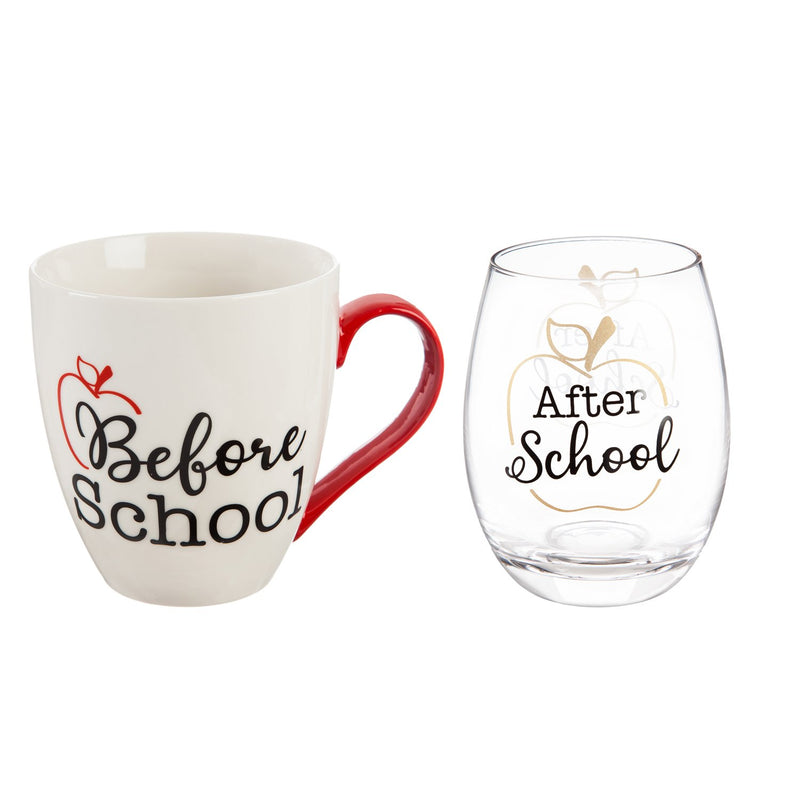 Evergreen Ceramic 17 OZ Cup and Stemless 17 OZ  Wine Gift Set, Before School/After School, 5.75'' x 4'' x 4.5'' inches