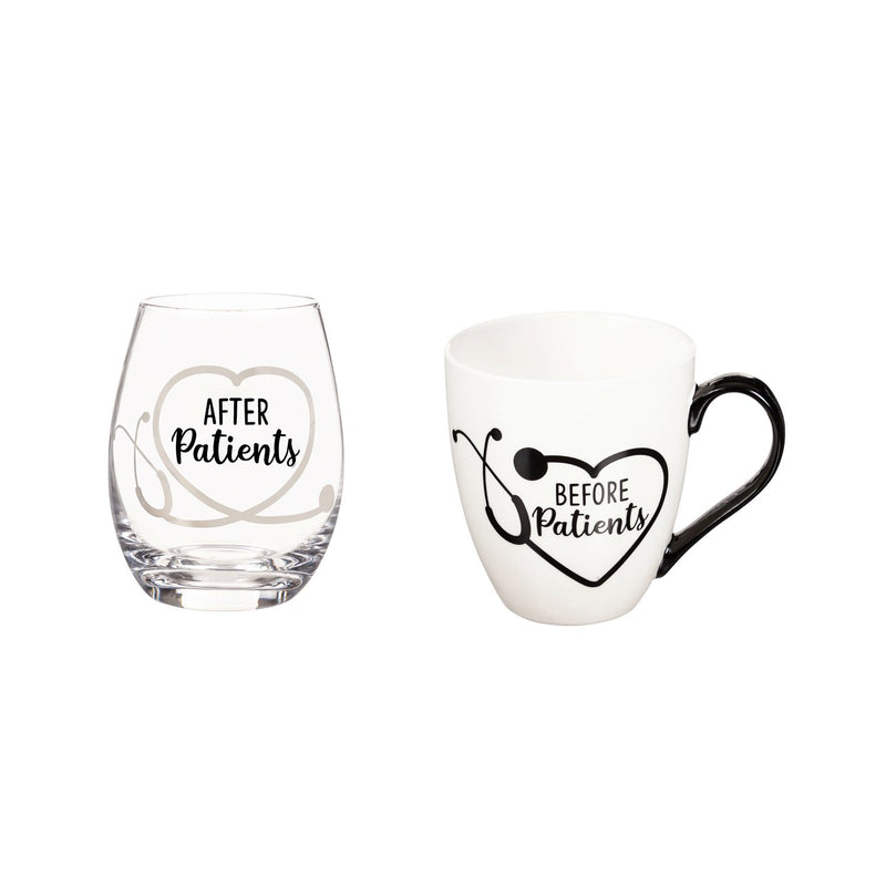 Evergreen Ceramic Cup and Stemless Wine Gift Set, Before Patients & After Patients, 5.75'' x 4'' x 4.5'' inches