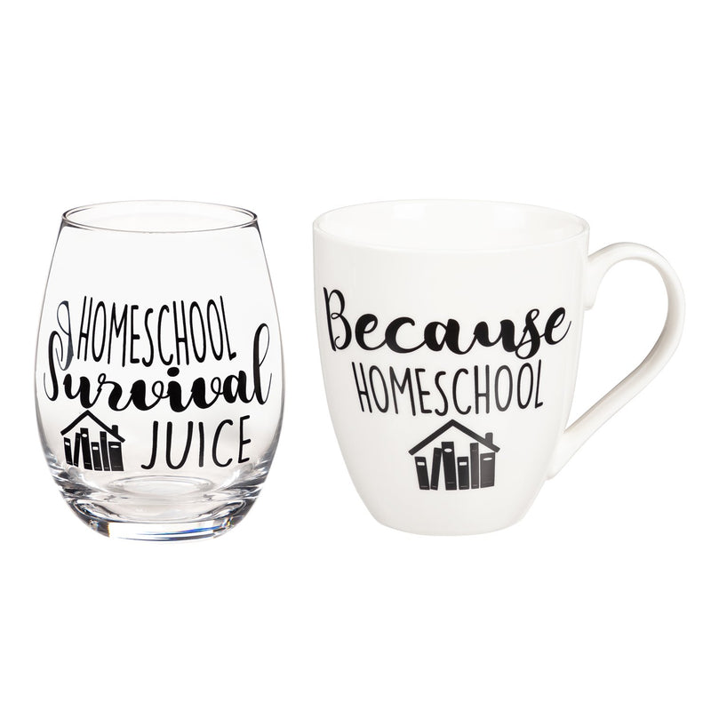Evergreen Ceramic 17 OZ Cup and Stemless 17 OZ  Wine Gift Set, Because Homeschool/Homeschool Survival Juice, 5.75'' x 4'' x 4.5'' inches