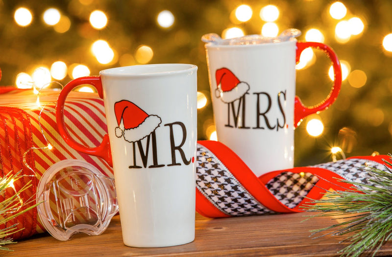 Evergreen Cermaic Travel Cups Giftset, Mr and Mrs, 3.5'' x 5.25'' x 7'' inches