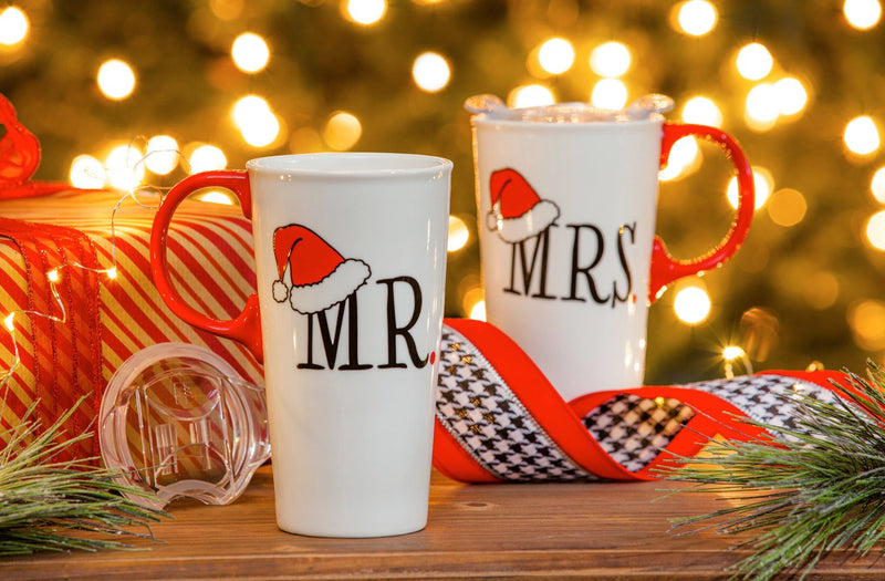 Evergreen Cermaic Travel Cups Giftset, Mr and Mrs, 3.5'' x 5.25'' x 7'' inches