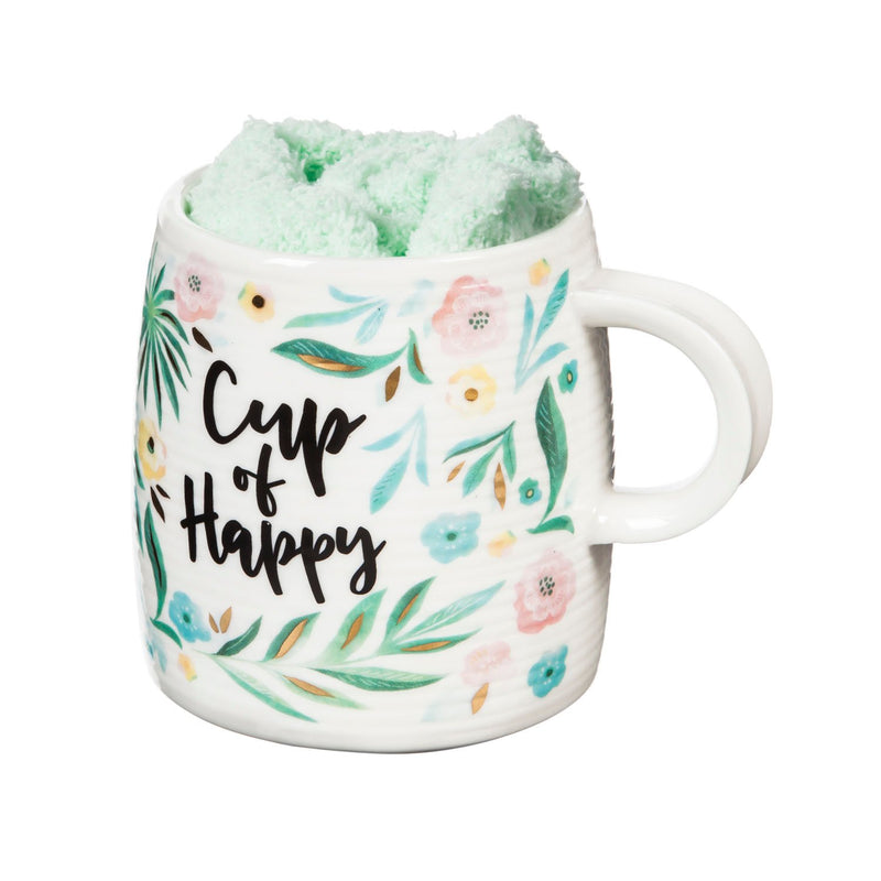 Evergreen Ceramic Cup and Sock Gift set, 12 OZ, Cup of Happy, 4.5'' x 3.5'' x 3.75'' inches