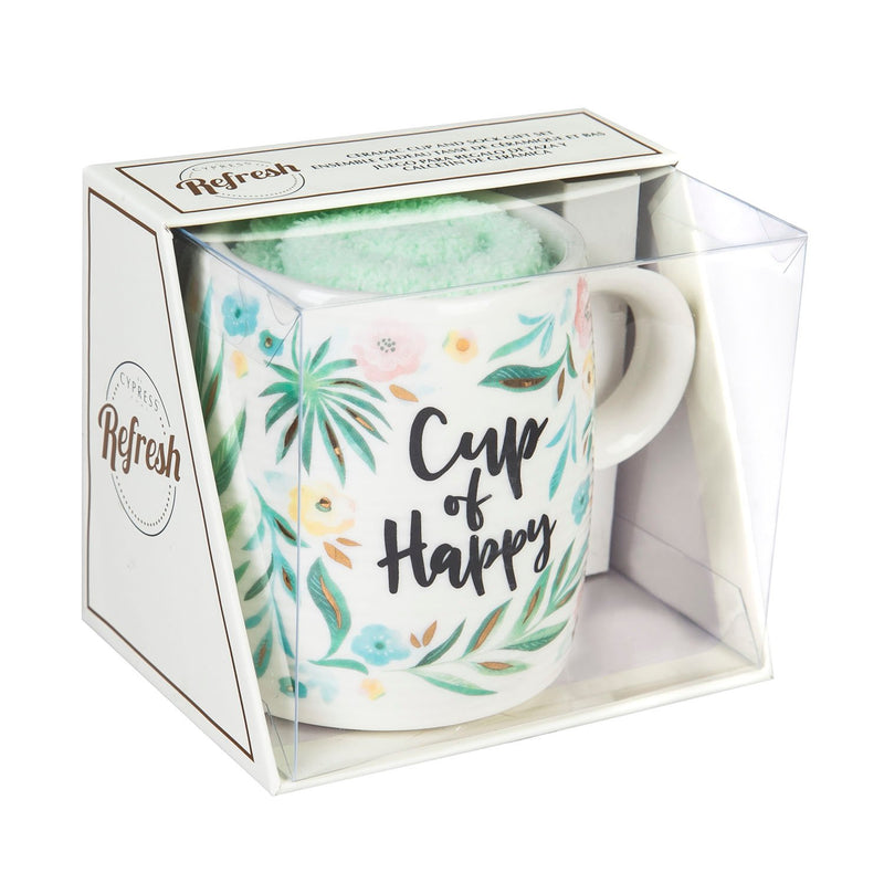 Evergreen Ceramic Cup and Sock Gift set, 12 OZ, Cup of Happy, 4.5'' x 3.5'' x 3.75'' inches