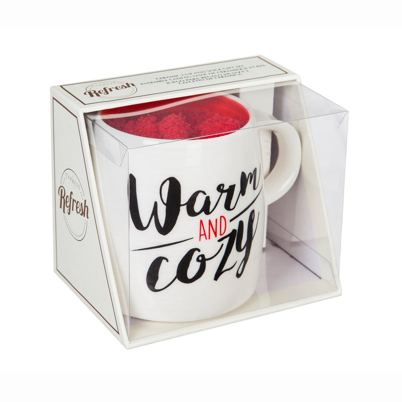 Evergreen Ceramic Cup and Sock Gift set, 12 OZ, Warm and Cozy, 4.72'' x 3.74'' x 3.7'' inches