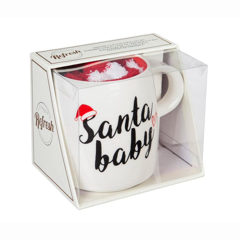 Evergreen Ceramic Cup and Sock Gift set, 12 OZ, Santa Baby, 4.72'' x 3.74'' x 3.7'' inches