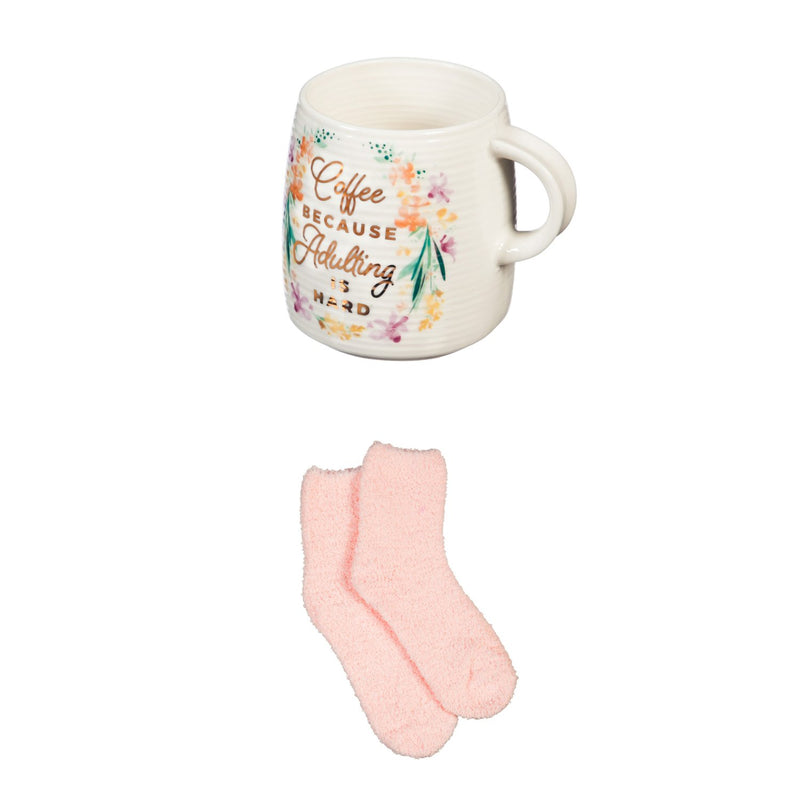 Evergreen Ceramic Cup and Sock Gift set, 12 OZ, Coffee Because Adulting is Hard, 4.5'' x 3.5'' x 3.75'' inches