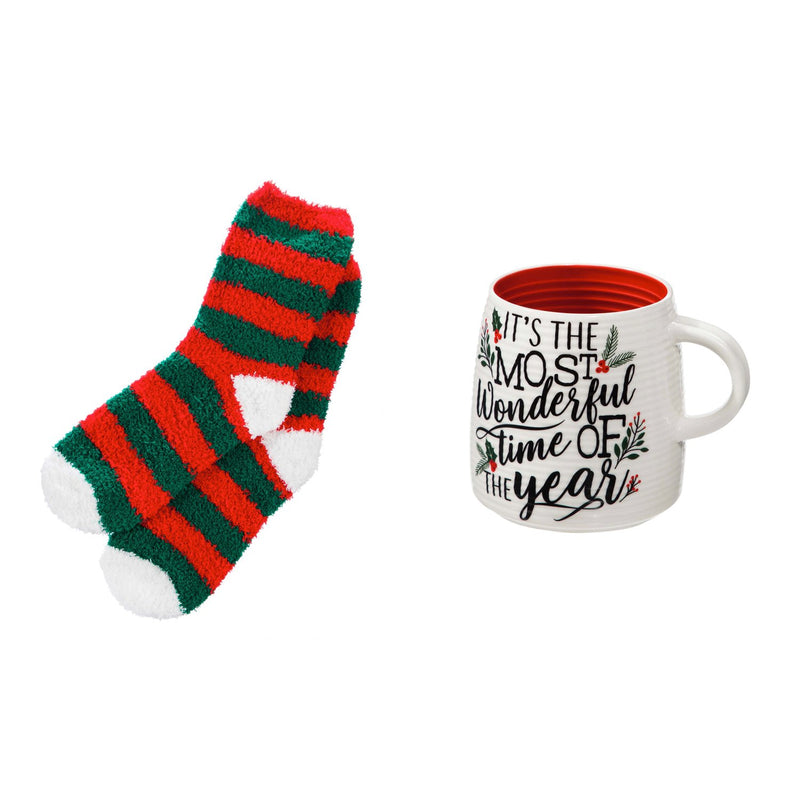 Evergreen Ceramic Cup and Sock Gift set, 12 OZ, It's the Most Wonderful Time of the Year, 4.5'' x 3.5'' x 3.75'' inches