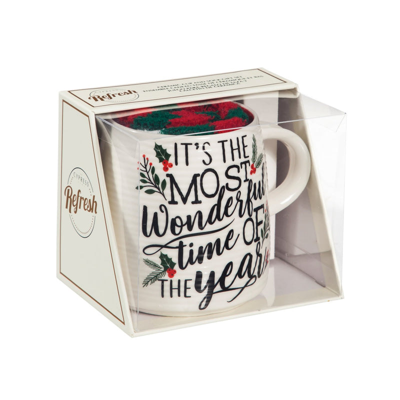 Evergreen Ceramic Cup and Sock Gift set, 12 OZ, It's the Most Wonderful Time of the Year, 4.5'' x 3.5'' x 3.75'' inches