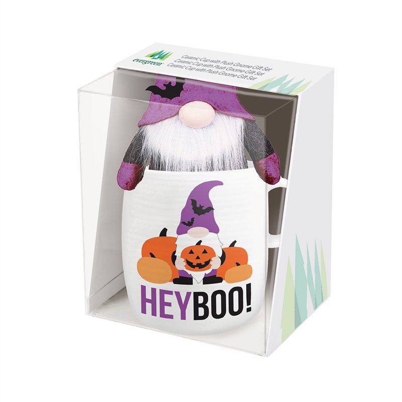 Ceramic Cup, 12 OZ,  with 5" Plush Halloween Gnome, Hey Boo