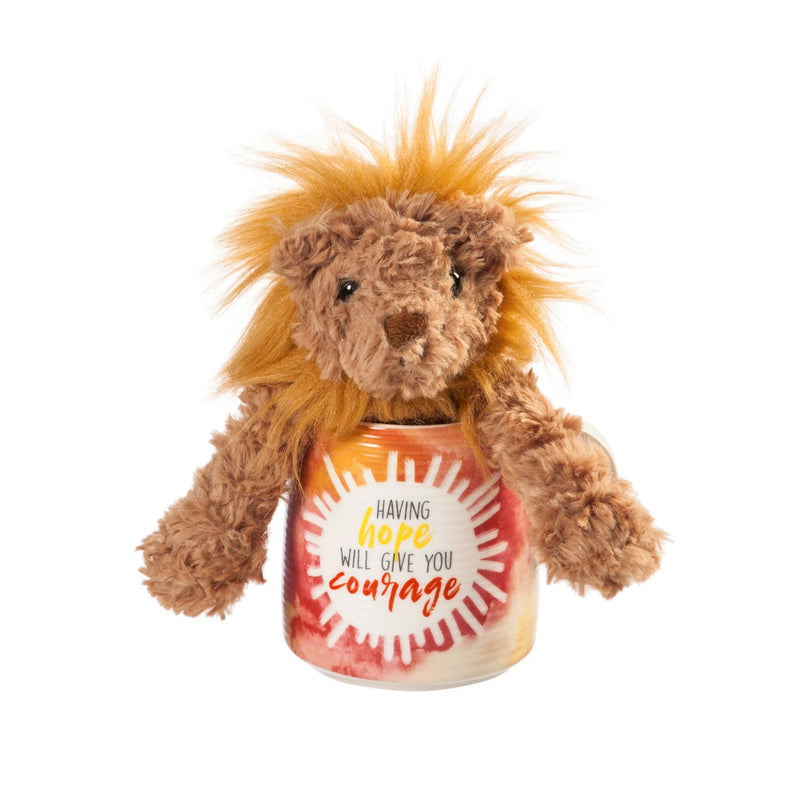 Evergreen Ceramic Cup with Plush Lion, 3.75'' x 3.5'' x 4.5'' inches