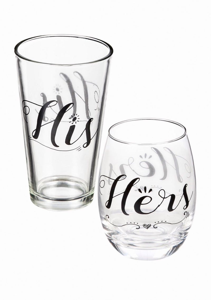Evergreen Stemless Wine Glass & Beer Cup Gift Set, Hers and His, 3.75'' x 3.75'' x 5'' inches