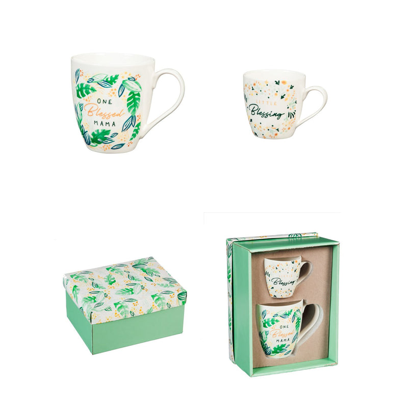 Evergreen Mommy and Me Ceramic Cup Gift Set, One Blessed Mama/ Little Blessing, 5.63'' x 4.09'' x 4.41'' inches