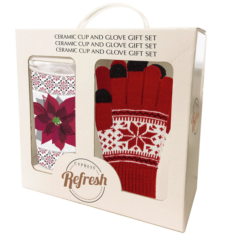 Evergreen Ceramic Travel Cup, 17 OZ. ,w/ Tritan Lid and Glove Gift Set, Poinsettia and Sweater Pattern, 5.25'' x 3.6'' x 7'' inches