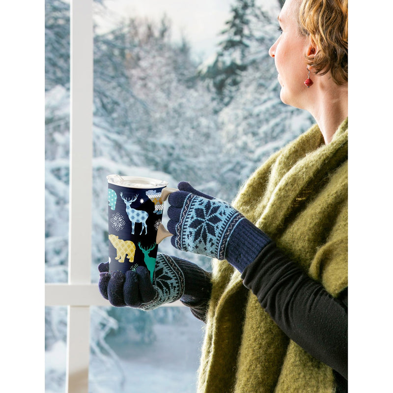 Evergreen Ceramic Travel Cup, 17 OZ. ,w/ Tritan Lid and Glove Gift Set, Woodland Blue Pattern, 5.25'' x 3.6'' x 7'' inches