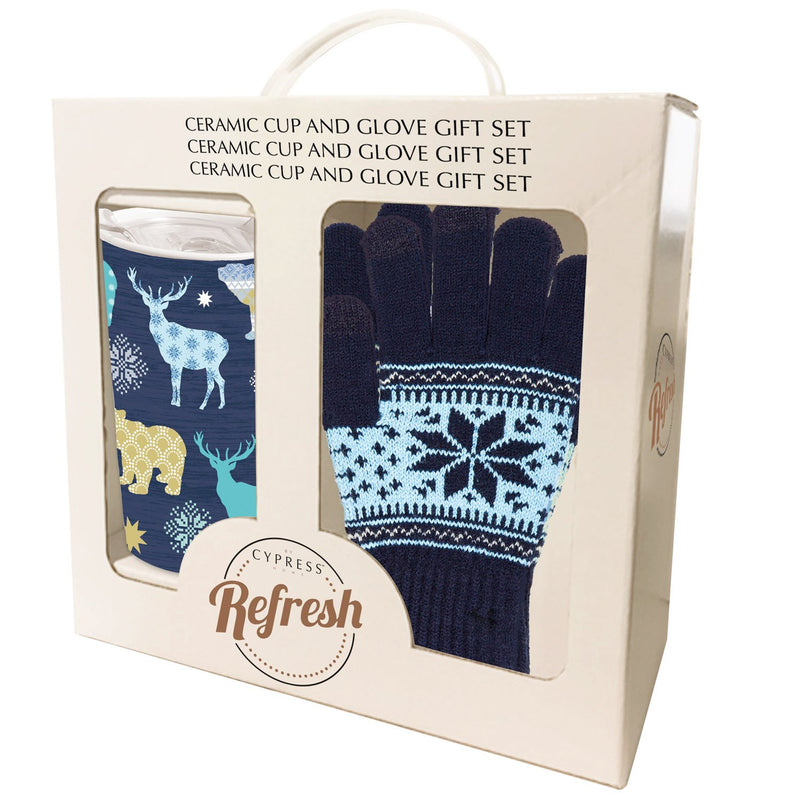 Evergreen Ceramic Travel Cup, 17 OZ. ,w/ Tritan Lid and Glove Gift Set, Woodland Blue Pattern, 5.25'' x 3.6'' x 7'' inches