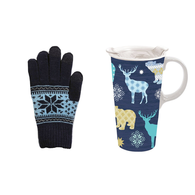 Evergreen Ceramic Travel Cup, 17 OZ. ,w/ Tritan Lid and Glove Gift Set, Woodland Blue Pattern, 5.25'' x 3.6'' x 7'' inches