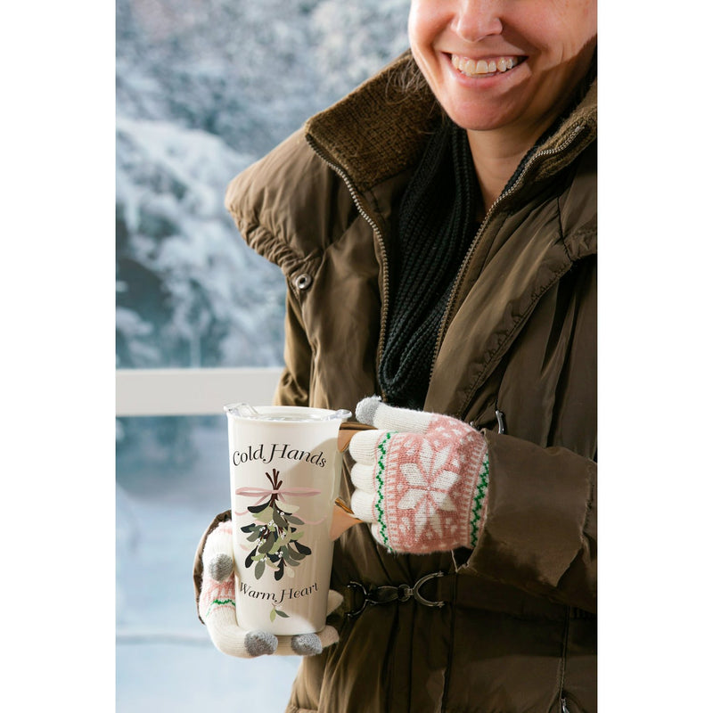 Evergreen Ceramic Travel Cup, 17 OZ. ,w/ Tritan Lid and Glove Gift Set, Cold Hands Warm Heart, 5.25'' x 3.6'' x 7'' inches