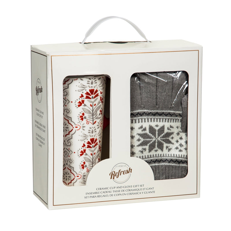 Cypress Home Beautiful Christmas Yuletide Ceramic Travel Cup and Glove Gift Set - 5 x 4 x 7 InchesFor Kitchens, Parties and Homes