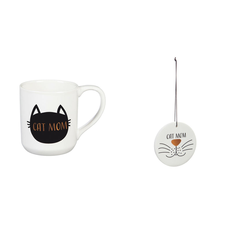 Evergreen Ceramic Cup, 10 OZ, with Ornament/Coaster Gift Set, Cat Mom, 4.15'' x 3.19'' x 4.06'' inches