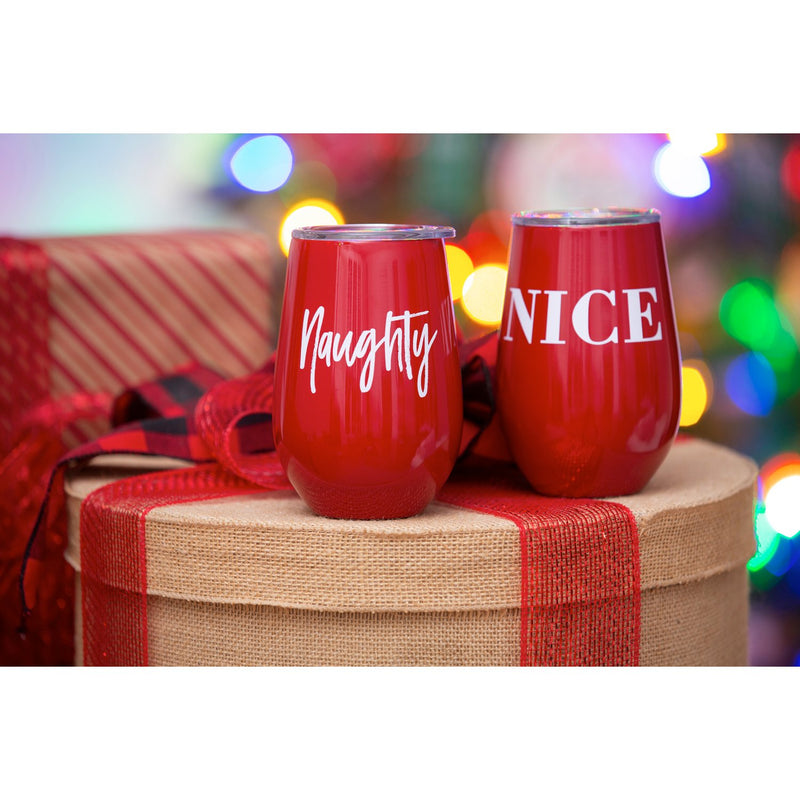 12 OZ Double Wall Vacuum Wine Tumbler Gift Set, Set of 2, Naughty/Nice