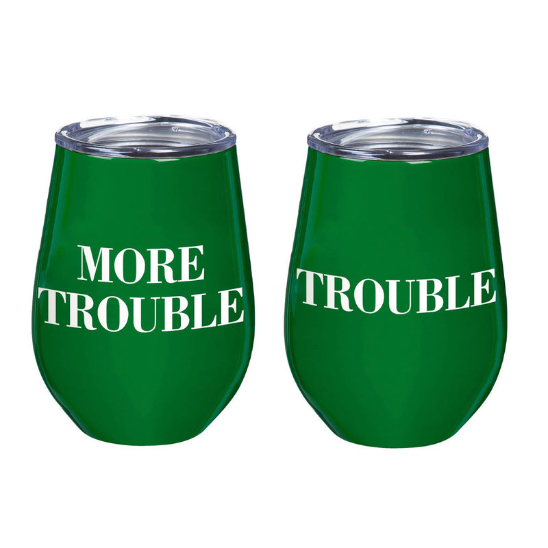 12 OZ Double Wall Vacuum Wine Tumbler Gift Set, Set of 2, Trouble/More Trouble