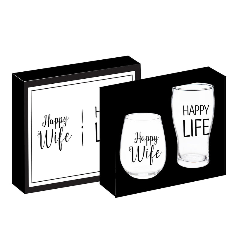 Evergreen Stemless 17 OZ Wine Glass & Beer 16 OZ Cup Gift Set, Happy Wife/Happy Life, 3.75'' x 3.75'' x 5'' inches