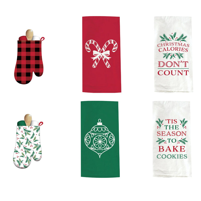 Oven Mitt, Tea Towels, and Wooden Spoon Gift Set, 2 Asst Design, 6 of each, 12 Sets Total, 7"x0.25"x12"inches