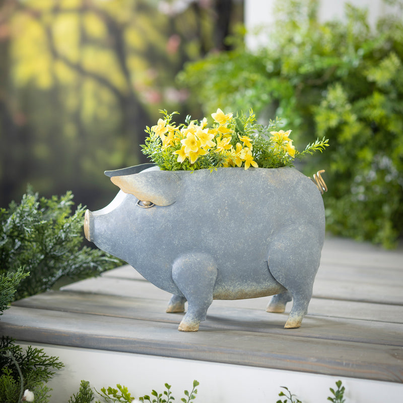 Evergreen Deck & Patio Decor,Grey Metal Pig Planter,16.5x6.25x10 Inches