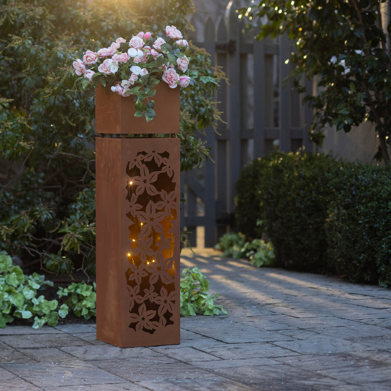 Evergreen Deck & Patio Decor,Tall Metal Planter With LED Lights, Floral,9.84x9.84x39.96 Inches