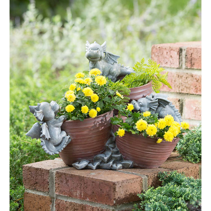 Evergreen Deck & Patio Decor,Whimsical Planter with Three Flowerpots Visited By Three Baby Dragons,13.25x17.75x11.75 Inches