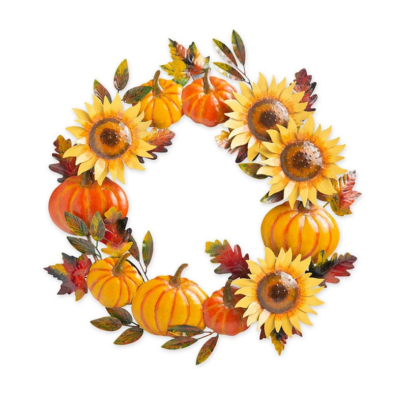 Handcrafted Metal Sunflower and Pumpkin Autumn Wreath, 22"x22"x1.5"inches