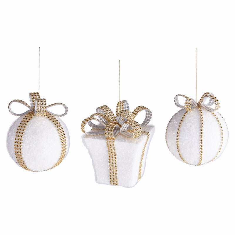 GLITTERED BOW-WRAPPED ORNS ST/3